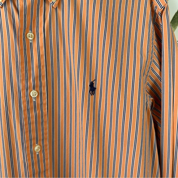 Ralph Lauren Cotton Button Down Shirt. 15 1/2. Medium. Orange and Blue Stripes. - Picture 3 of 8